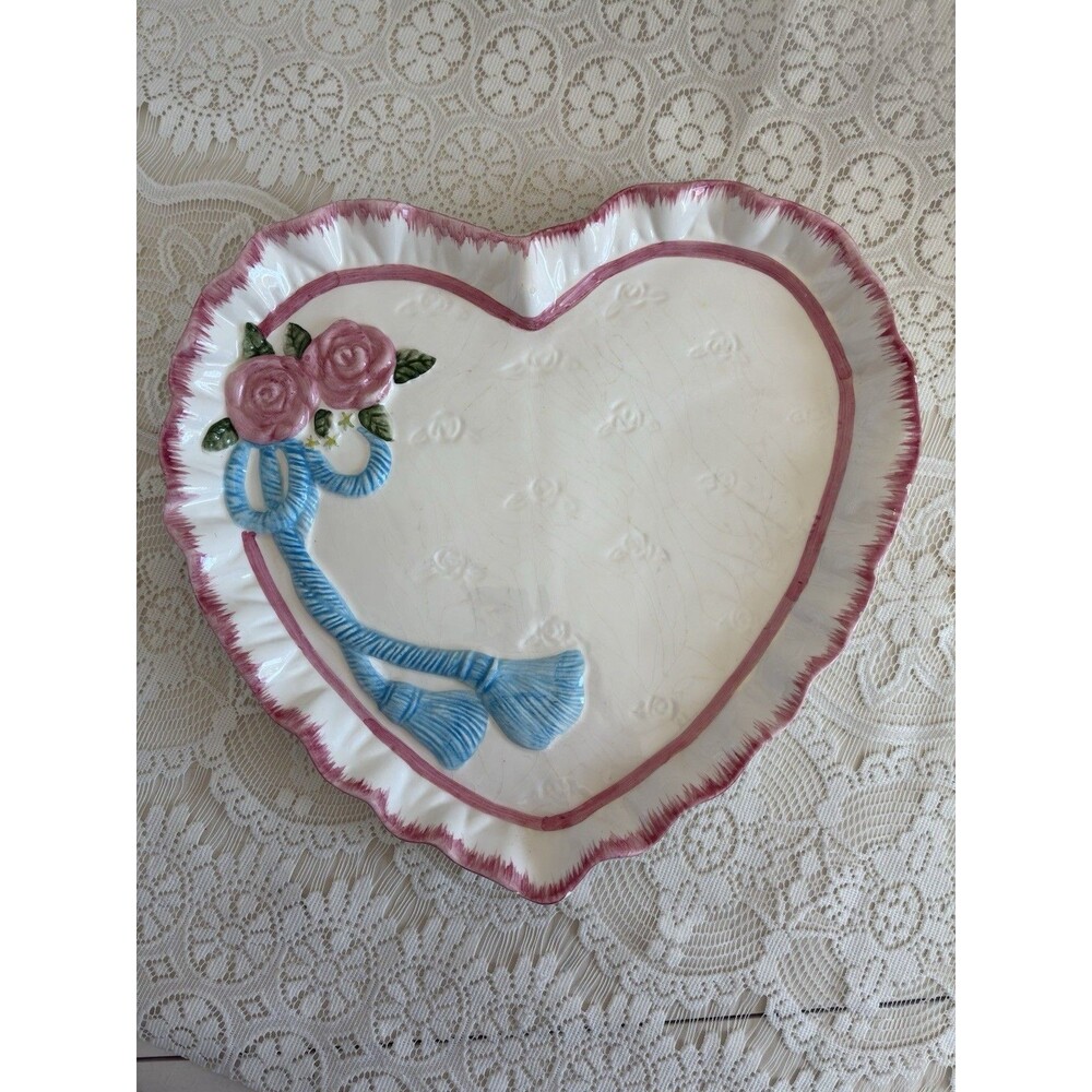New Debco INTL Platter Heart Pink Roses Blue Bow Feminine Coquette Cottagecore